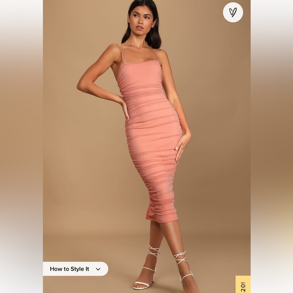 Here to Dazzle Coral Metallic Ruched Mesh Bodycon Midi Dress